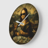 Funny Rich Mona Lisa  Money Queen Renaissance Art ラージ壁時計 (傾斜)
