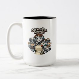 Funny Robot Coffee Waitress T-Shirt - Serve Sip Re ツートーンマグカップ