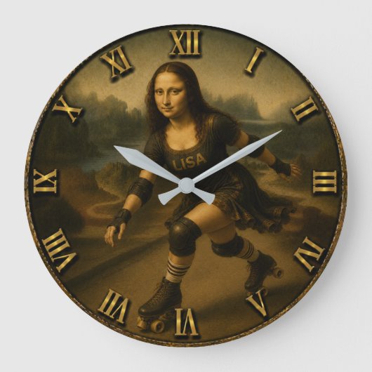 Funny Roller Skating Mona Lisa Skater Gift ラージ壁時計 (正面)