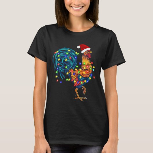Funny Rooster Chicken Christmas Lights Pajama Farm Tシャツ (正面)