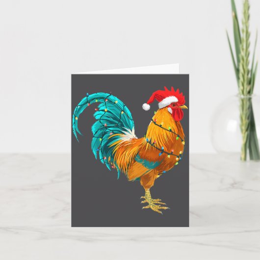 Funny Rooster Chicken Santa Christmas Lights Farme カード (正面)