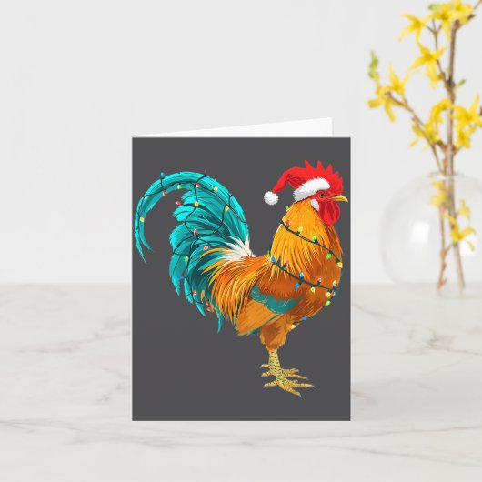 Funny Rooster Chicken Santa Christmas Lights Farme カード (黄色い花)