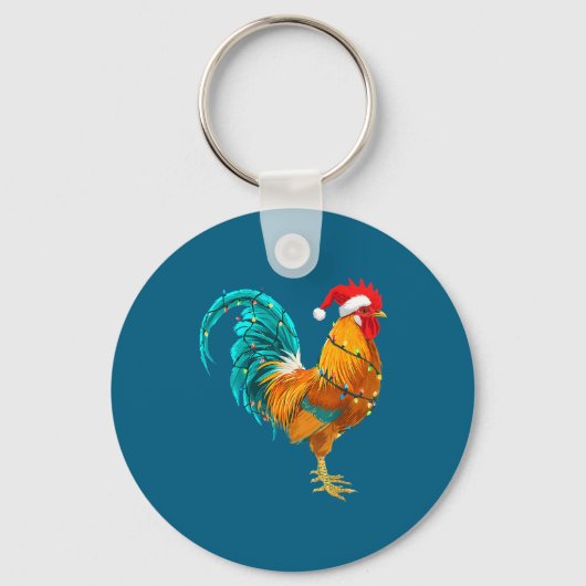 Funny Rooster Chicken Santa Christmas Lights Farme キーホルダー (正面)