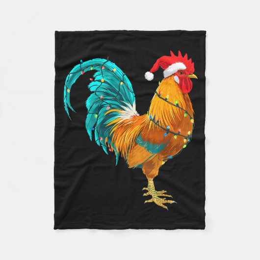 Funny Rooster Chicken Santa Christmas Lights Farme フリースブランケット (正面)