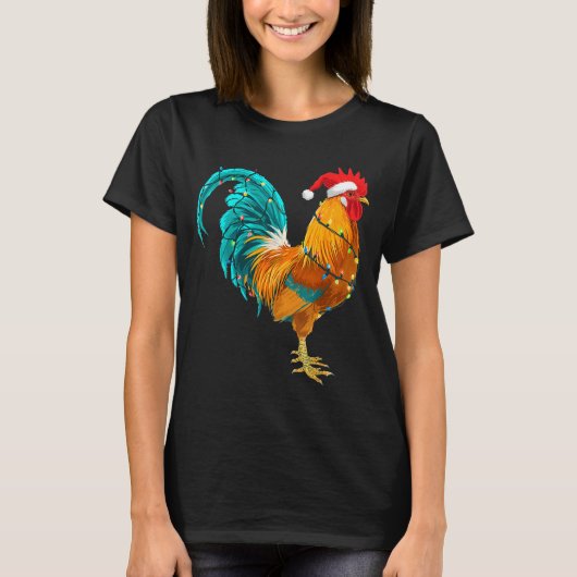 Funny Rooster Chicken Santa Christmas Lights Farme Tシャツ (正面)