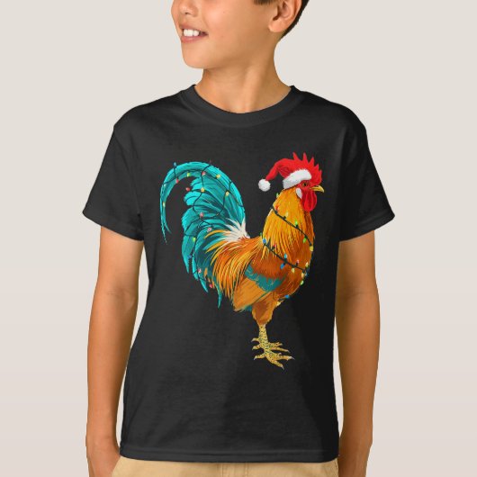 Funny Rooster Chicken Santa Christmas Lights Farme Tシャツ (正面)