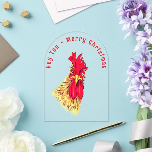 Funny Rooster Christmas Card - Custom Text アクリル招待状 (インサイチュ (ウェディング))