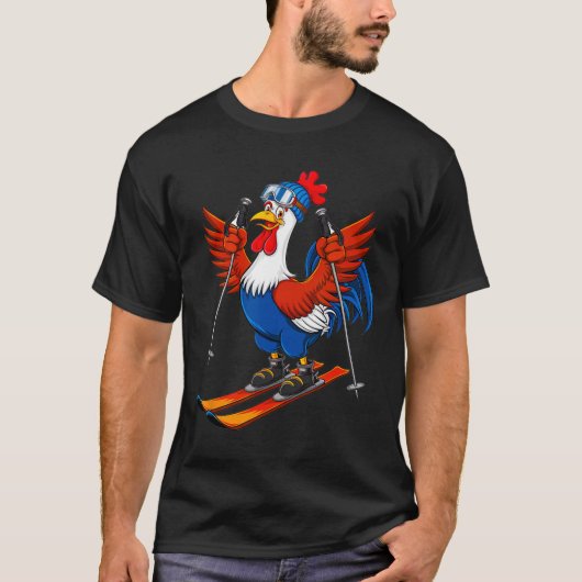 Funny Rooster Skiing Adventure Cartoon  Tシャツ (正面)