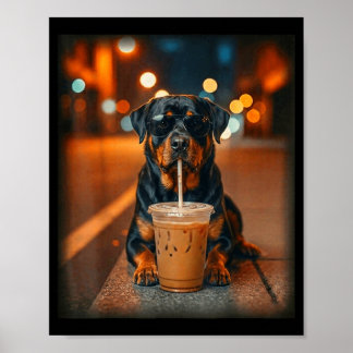 Funny rottweiler drinking iced coffee lover dog ポスター