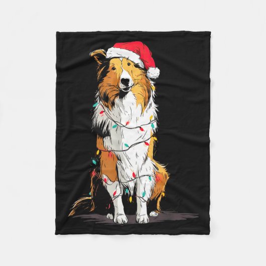 Funny Rough Collie Christmas Graphics Dog Lights L フリースブランケット (正面)