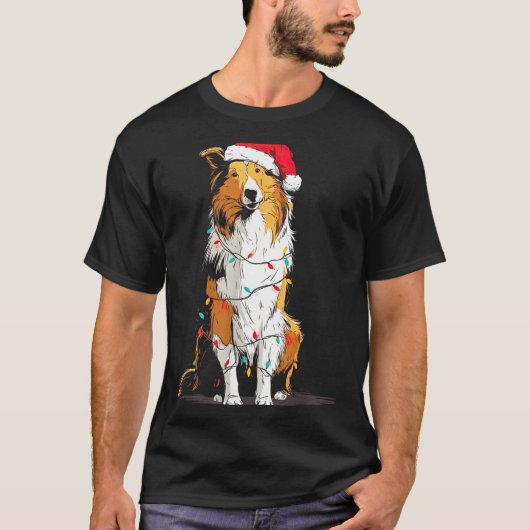 Funny Rough Collie Christmas Graphics Dog Lights L Tシャツ (正面)