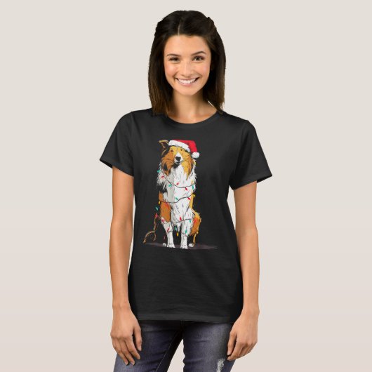 Funny Rough Collie Christmas Graphics Dog Lights L Tシャツ (正面フル)
