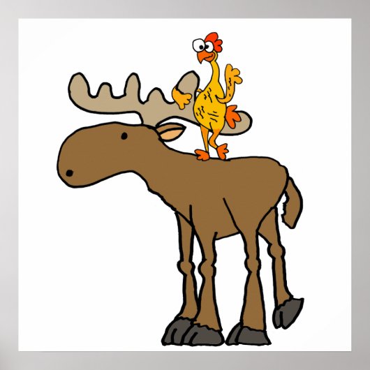 Funny Rubber Chicken Riding Moose Cartoon ポスター (正面)