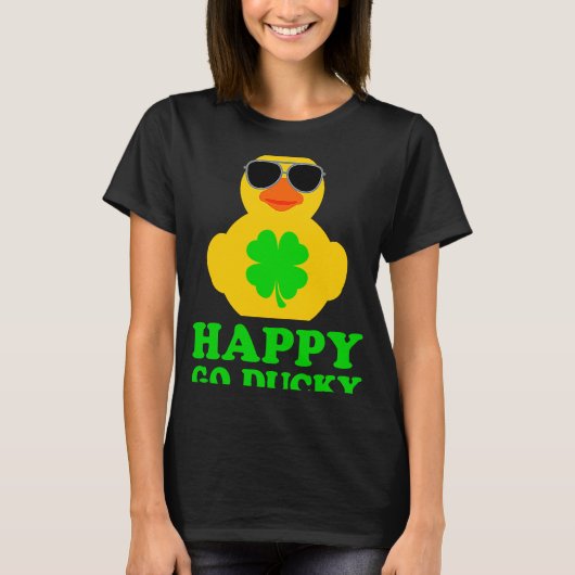 Funny Rubber Duck Four Leaf Clover Sunglasses Happ Tシャツ (正面)