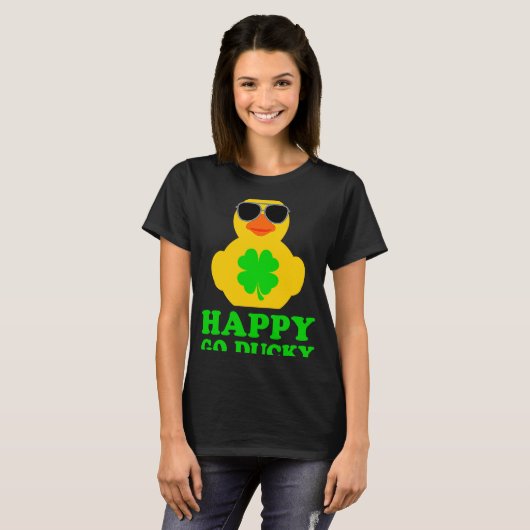 Funny Rubber Duck Four Leaf Clover Sunglasses Happ Tシャツ (正面フル)