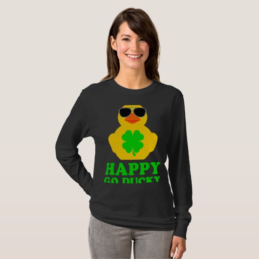 Funny Rubber Duck Four Leaf Clover Sunglasses Happ Tシャツ (正面フル)