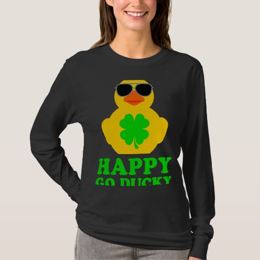 Funny Rubber Duck Four Leaf Clover Sunglasses Happ Tシャツ (正面)