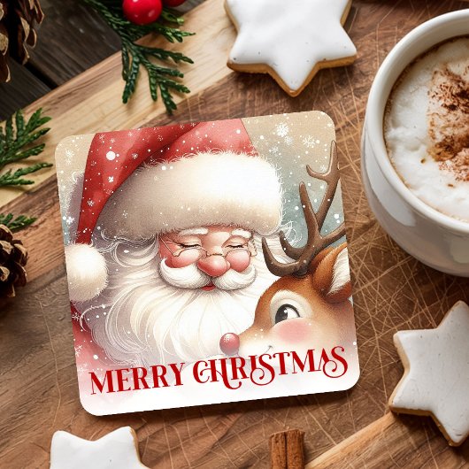 Funny Rudolph Santa Cute Christmas Paper Coaster   スクエアペーパーコースター