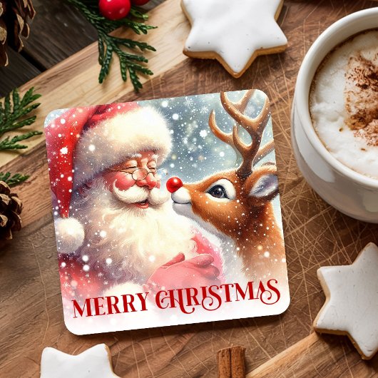 Funny Rudolph Santa Xmas Coaster Watercolor Print スクエアペーパーコースター