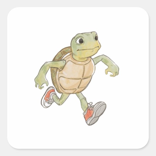 Funny Running Turtle Sticker, Cartoon Animal Decal スクエアシール (正面)