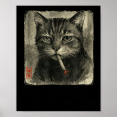 Funny Sad Cat Smoking Cigarette Meme Lover Sumi-e  ポスター (正面)