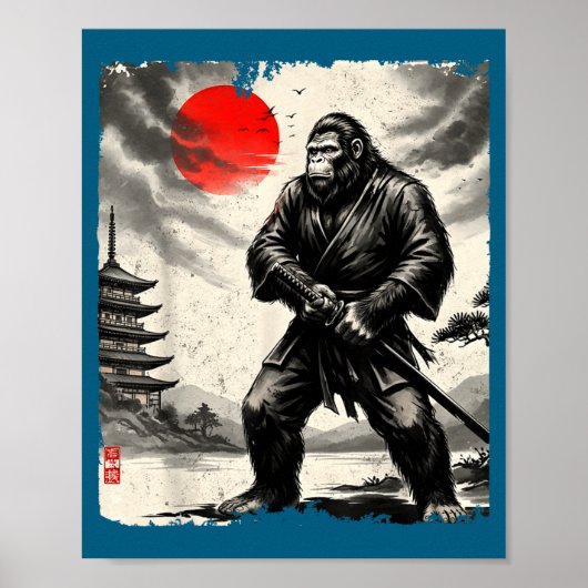 Funny Samurai Bigfoot Japanese Art Graphic Tee Ani ポスター (正面)