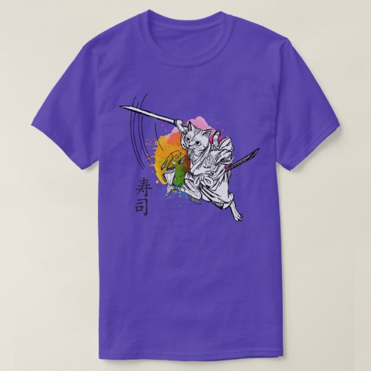 Funny Samurai Cat Making Sushi (Japanese Signs)  Tシャツ (デザイン正面)