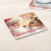 Funny Santa and Red Nose Rudolph Holiday Coasters スクエアペーパーコースター (アングル)