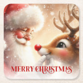 Funny Santa and Red Nose Rudolph Holiday Coasters スクエアペーパーコースター (正面)