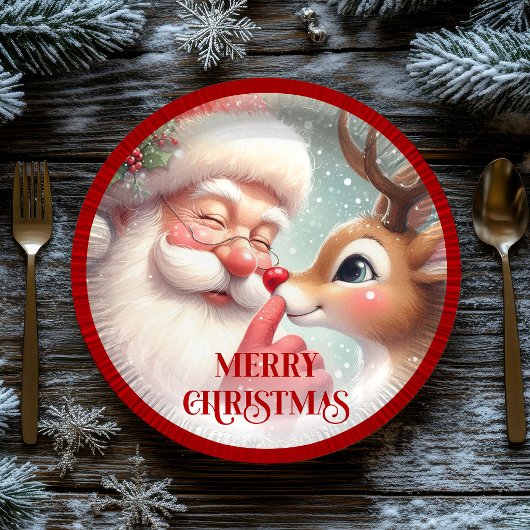 Funny Santa and Rudolph Festive Holiday Plates ペーパープレート