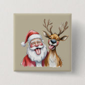 Funny Santa Claus and Reindeer Christmas Winter 缶バッジ (正面)