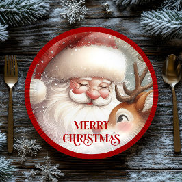 Funny Santa Claus and Rudolph Holiday Party Plates ペーパープレート