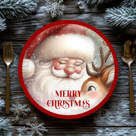 Funny Santa Claus and Rudolph Holiday Party Plates ペーパープレート