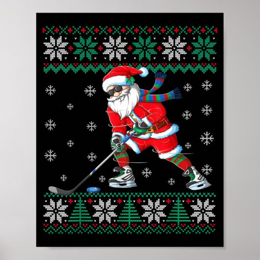 Funny Santa Claus Christmas Ice Hockey Ugly Sweate ポスター (正面)
