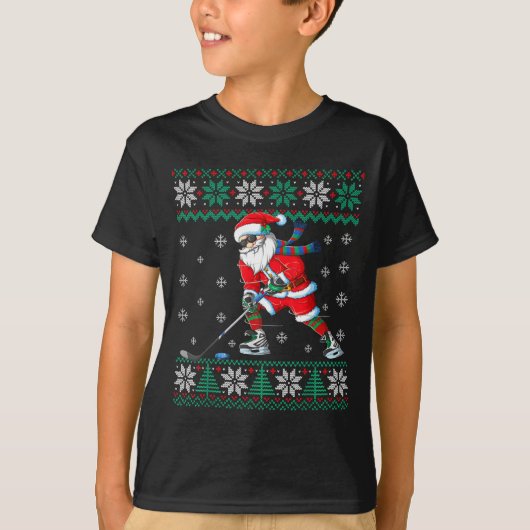 Funny Santa Claus Christmas Ice Hockey Ugly Sweate Tシャツ (正面)