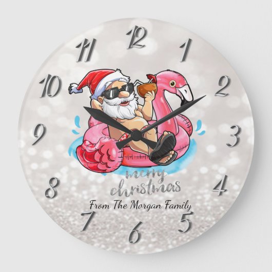 Funny Santa Claus,Pink Flamingos Christmas ラージ壁時計 (正面)