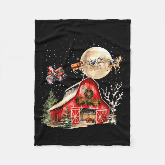 Funny Santa Claus Tractor Cows Farm Farmer Christm フリースブランケット (正面)
