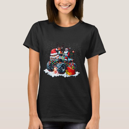 Funny Santa Clause Riding Monster Red Truck Xmas T Tシャツ (正面)