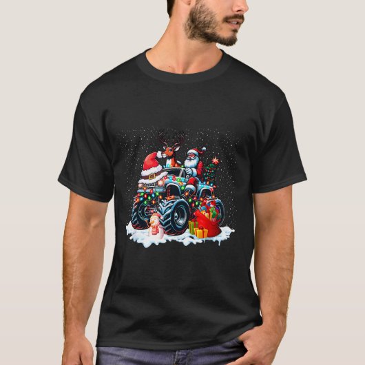 Funny Santa Clause Riding Monster Red Truck Xmas T Tシャツ (正面)