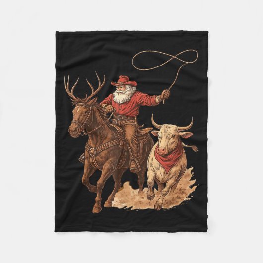 Funny Santa Cowboy Rodeo Reindeer Western Horse Ro フリースブランケット (正面)