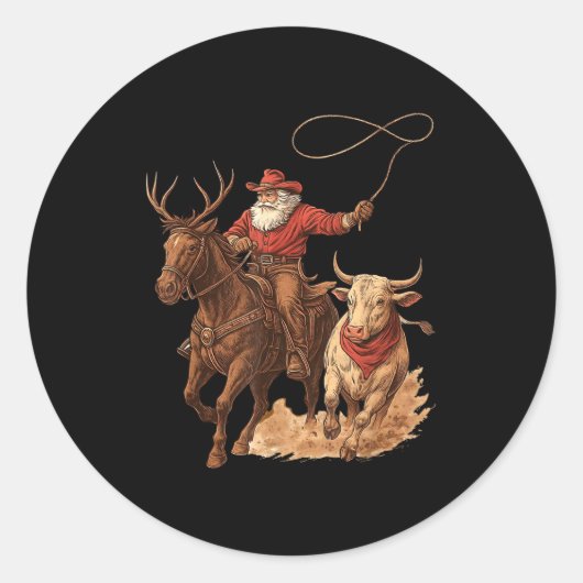 Funny Santa Cowboy Rodeo Reindeer Western Horse Ro ラウンドシール (正面)