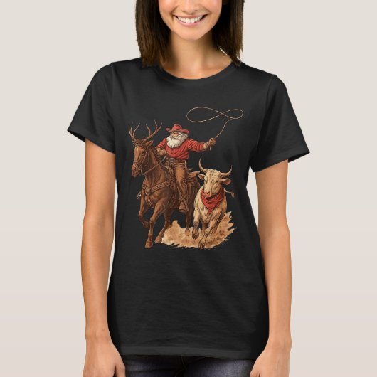 Funny Santa Cowboy Rodeo Reindeer Western Horse Ro Tシャツ (正面)