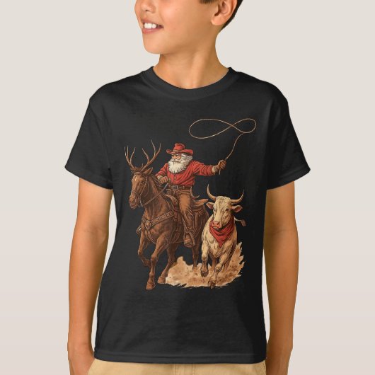 Funny Santa Cowboy Rodeo Reindeer Western Horse Ro Tシャツ (正面)