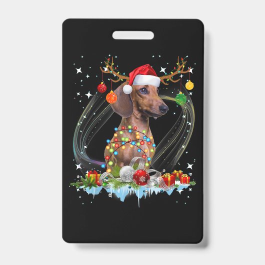 Funny Santa Dachshund Reindeer Light Christmas バッジ (正面)