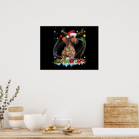 Funny Santa Dachshund Reindeer Light Christmas ポスター (キッチン)