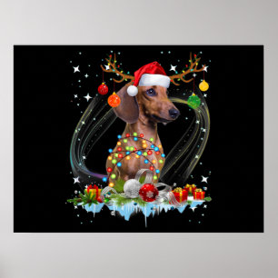Funny Santa Dachshund Reindeer Light Christmas ポスター