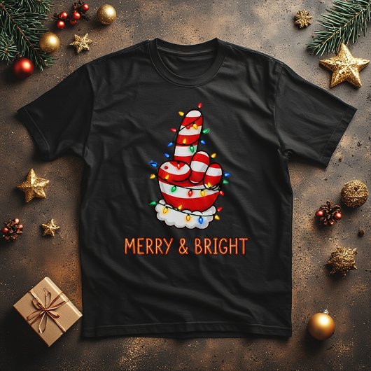 Funny Santa Finger in Christmas Lights Tシャツ