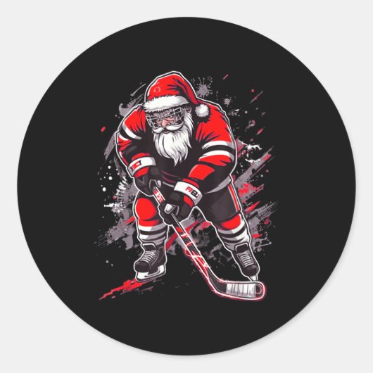 Funny Santa Hockey Christmas Retro Winter Player X ラウンドシール (正面)