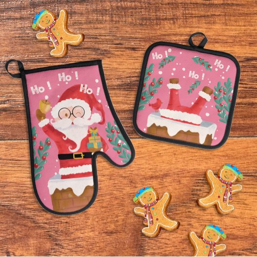 Funny Santa Pink Oven Mitt and Pot Holders Set 鍋つかみ&鍋敷きセット