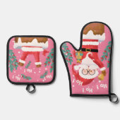 Funny Santa Pink Oven Mitt and Pot Holders Set 鍋つかみ&鍋敷きセット (正面)